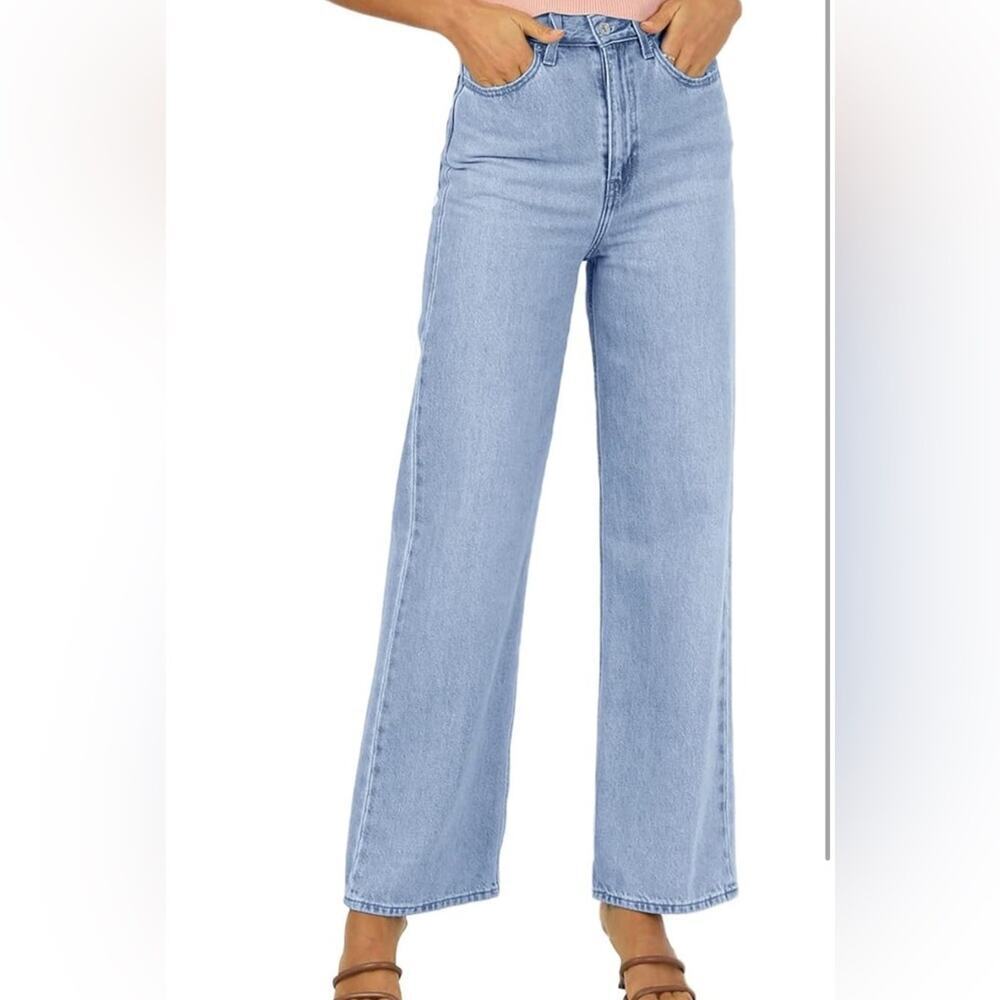 Straight Jeans Casual Loose High Waist Wide Leg Ankle Denim Pants Blue Size 10